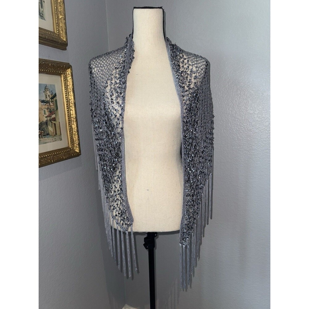 Vintage Smoky Gray Boho Sequin Crochet Triangle Shawl Wrap Fringe Festival Y2K